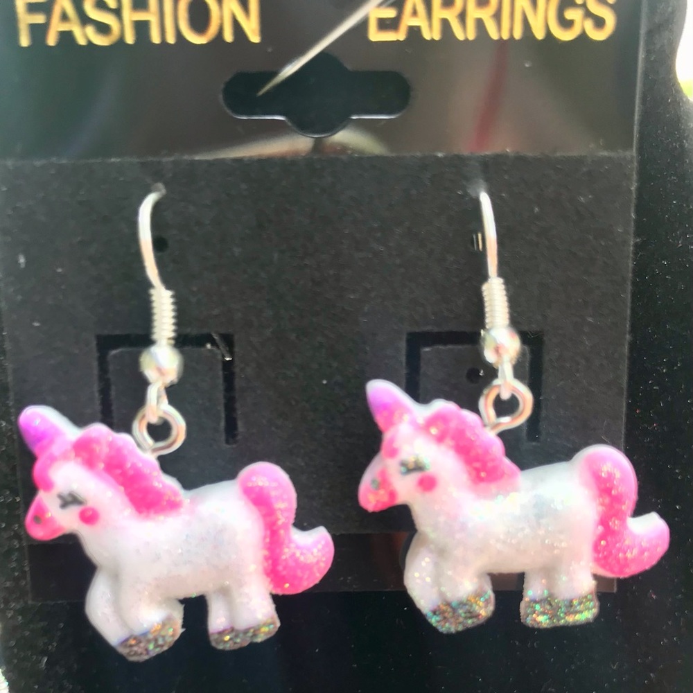 Pink & white unicorn necklace and earrings set